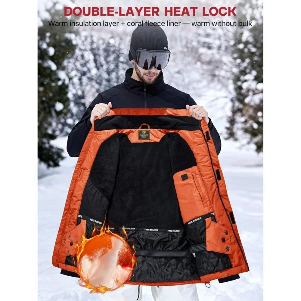 Men's Orange Black Waterproof Ski Snow Fleece Lined Warm Winter Rain Jacket
